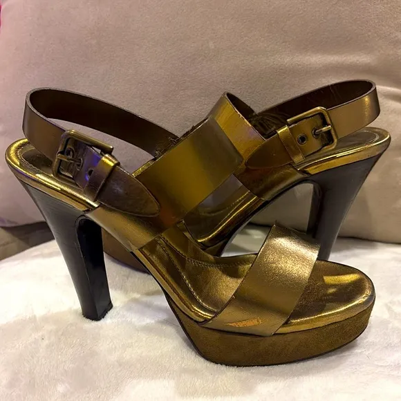 YSL Barbare 85 Denver Lame Strappy  Bronze High Stiletto Sandal Size 36 1/2