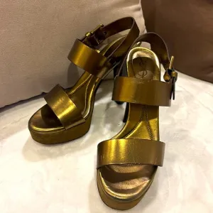 YSL Barbare 85 Denver Lame Strappy  Bronze High Stiletto Sandal Size 36 1/2