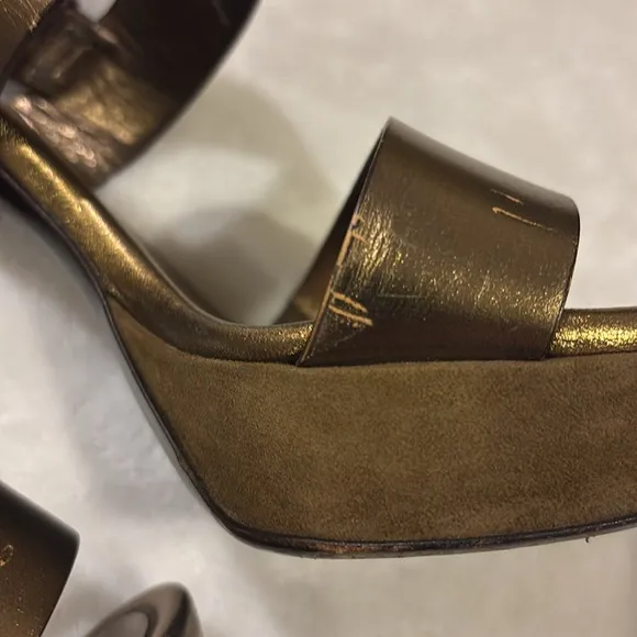 YSL Barbare 85 Denver Lame Strappy  Bronze High Stiletto Sandal Size 36 1/2
