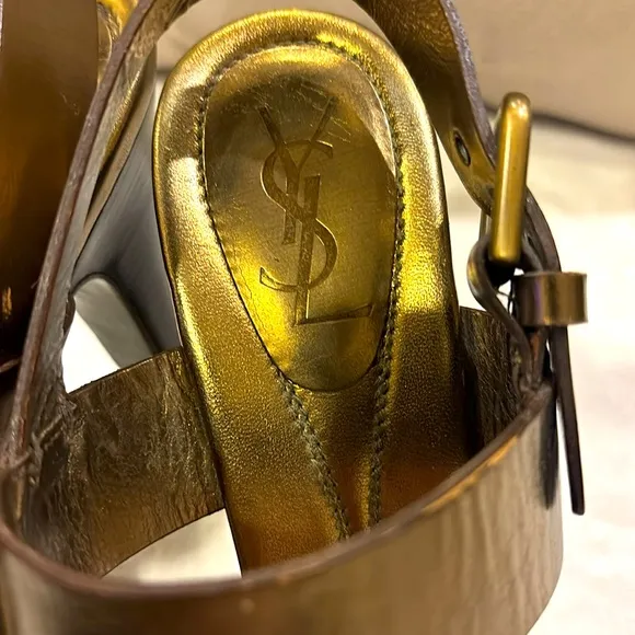 YSL Barbare 85 Denver Lame Strappy  Bronze High Stiletto Sandal Size 36 1/2