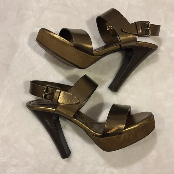 YSL Barbare 85 Denver Lame Strappy  Bronze High Stiletto Sandal Size 36 1/2