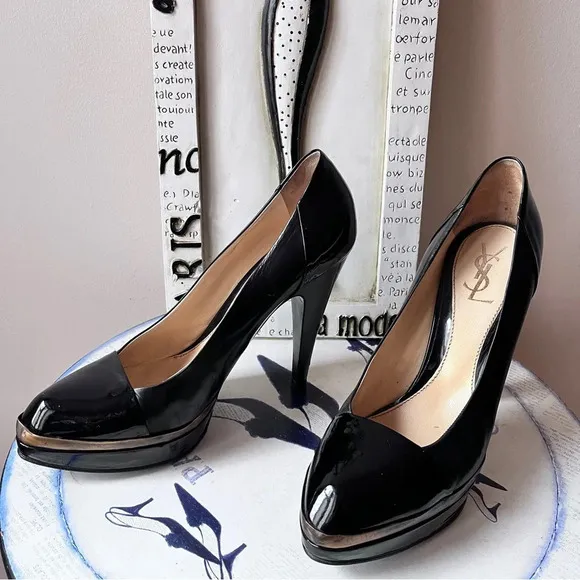 YSL Black Patent Leather Platform Pumps Women’s Heels Size 39.5 US 9.5