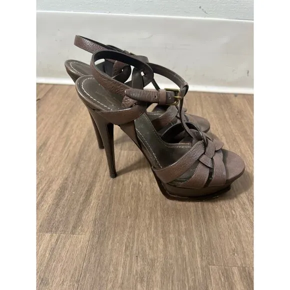 YSL Brown Leather Platform Heel Sandals Sz 36 (5.5)