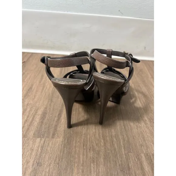 YSL Brown Leather Platform Heel Sandals Sz 36 (5.5)