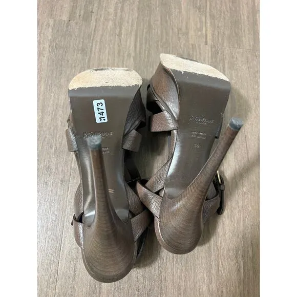 YSL Brown Leather Platform Heel Sandals Sz 36 (5.5)
