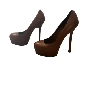 YSL Women's Tribyoo 105 Leather Nappa Cognac Brown Pump Heel Shoes Size 35.5