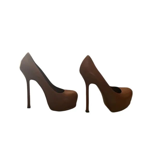 YSL Women's Tribyoo 105 Leather Nappa Cognac Brown Pump Heel Shoes Size 35.5