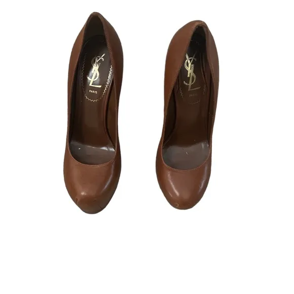 YSL Women's Tribyoo 105 Leather Nappa Cognac Brown Pump Heel Shoes Size 35.5