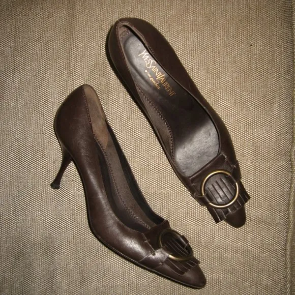 ❤️YSL YVES SAINT LAURENT Rive Gauche Tassel Leather Stiletto Pumps Shoes 37 7