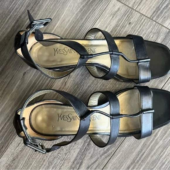 Yves Saint Laurent Italy YSL Black leather Strappy Sandals strappy block heel 7