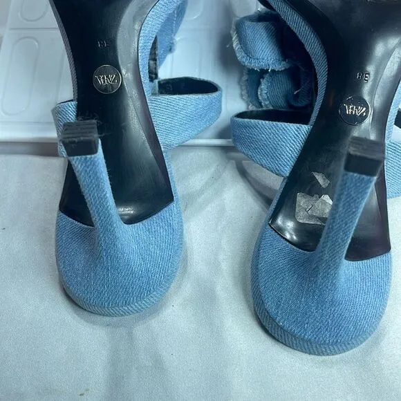 (Z) ZARA HIGH HEEL SANDALS IN DENIM WITH FLOWERS, size 8‎