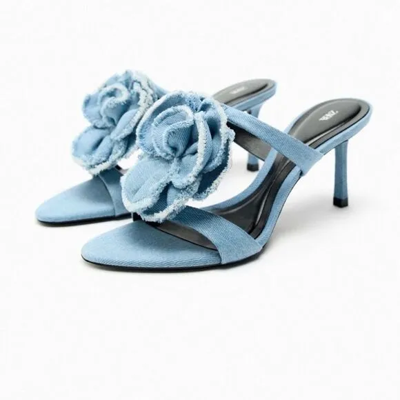 (Z) ZARA HIGH HEEL SANDALS IN DENIM WITH FLOWERS, size 8‎