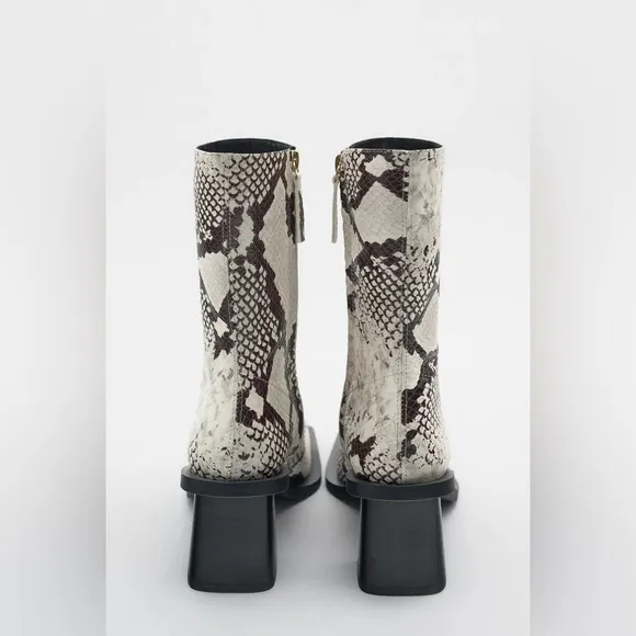 ZARA ANIMAL PRINT LEATHER BLOCK HEEL ANKLE BOOTS