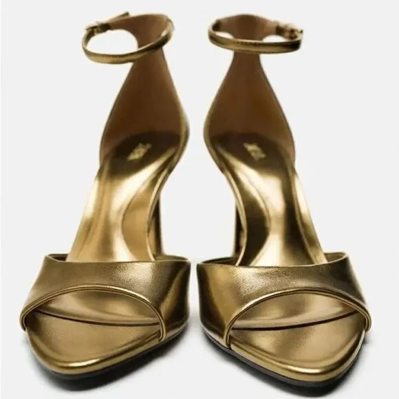 ZARA ANKLE STRAP HEELED METALLIC SANDALS