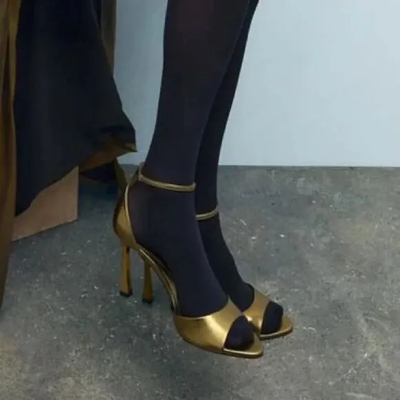 ZARA ANKLE STRAP HEELED METALLIC SANDALS