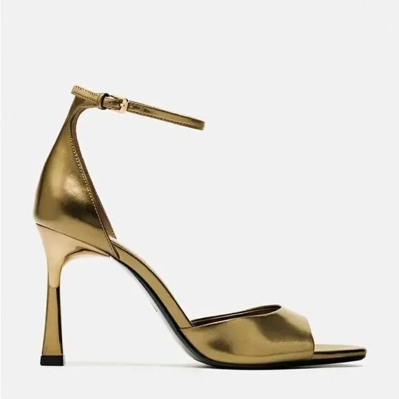 ZARA ANKLE STRAP HEELED METALLIC SANDALS
