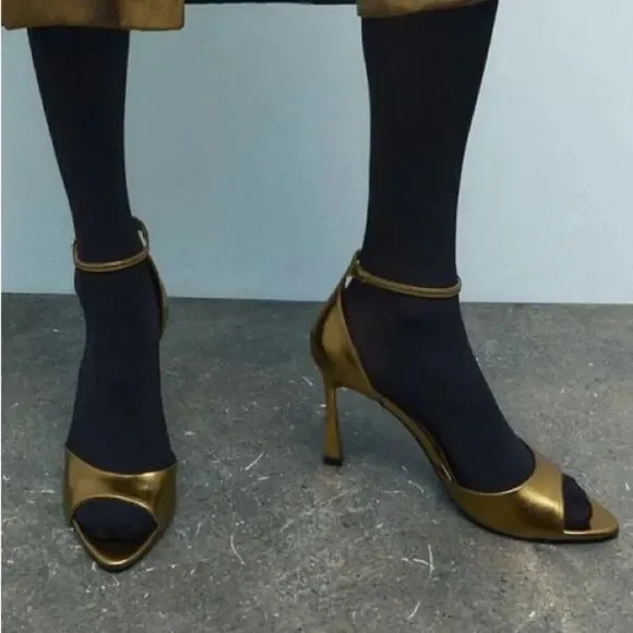 ZARA ANKLE STRAP HEELED METALLIC SANDALS