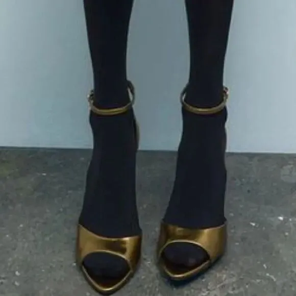 ZARA ANKLE STRAP HEELED METALLIC SANDALS