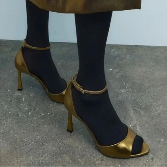 ZARA ANKLE STRAP HEELED METALLIC SANDALS