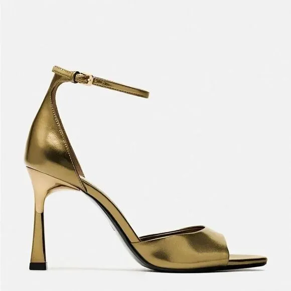 ZARA ANKLE STRAP HEELED METALLIC SANDALS
