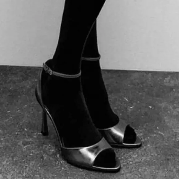 ZARA ANKLE STRAP HEELED METALLIC SANDALS