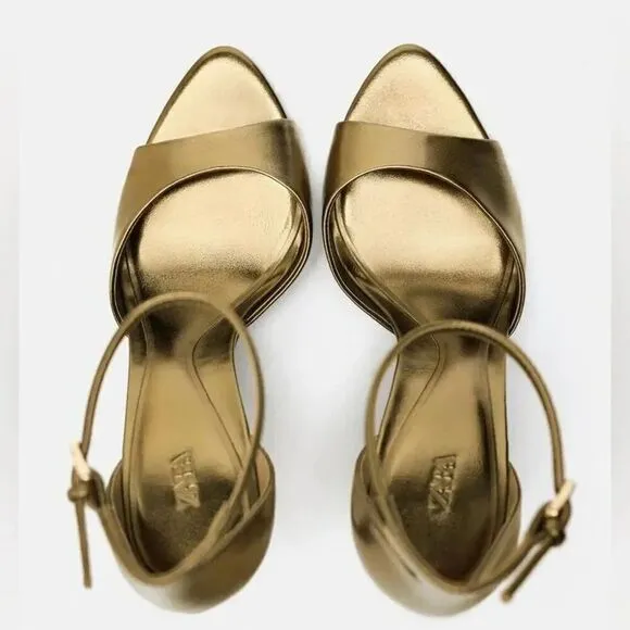 ZARA ANKLE STRAP HEELED METALLIC SANDALS