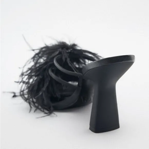 Zara Black Feathered Heeled Sandals
