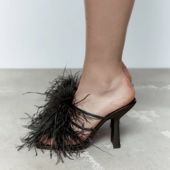 Zara Black Feathered Heeled Sandals