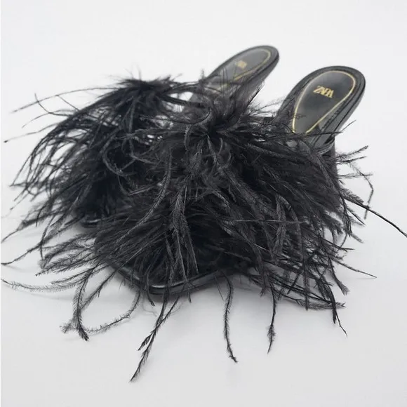 Zara Black Feathered Heeled Sandals
