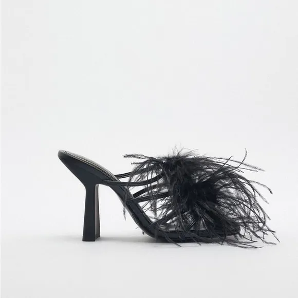 Zara Black Feathered Heeled Sandals