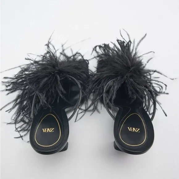 Zara Black Feathered Heeled Sandals
