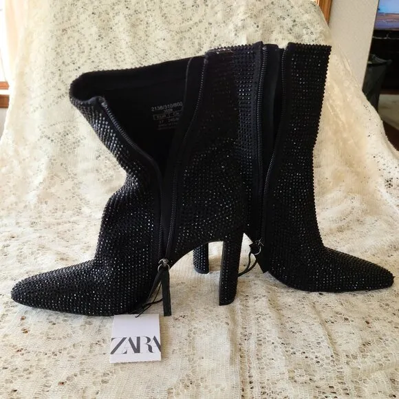 ZARA BLACK GLAM RHINESTONE HEELED ANKLE BOOTS SIZE 6 1/2