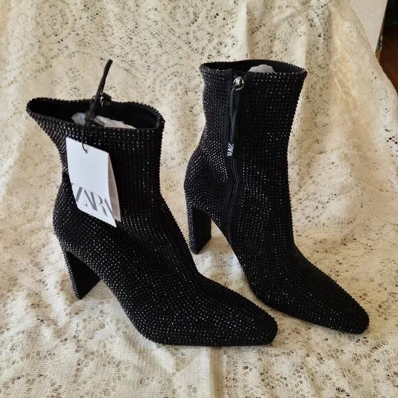ZARA BLACK GLAM RHINESTONE HEELED ANKLE BOOTS SIZE 6 1/2