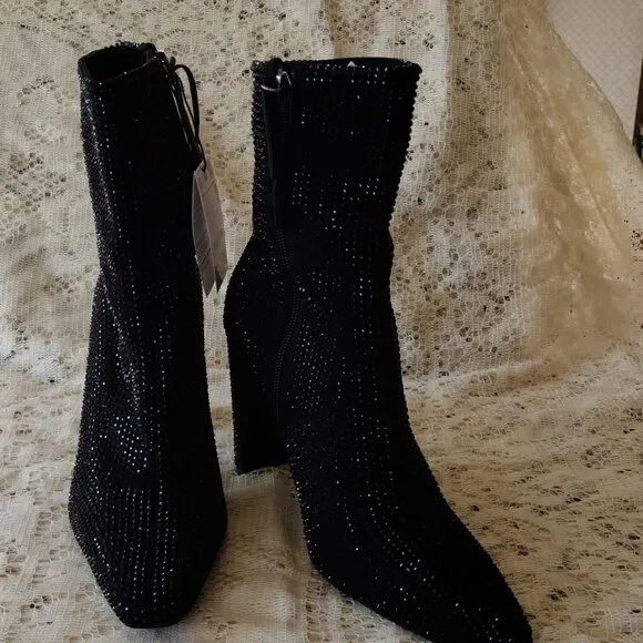 ZARA BLACK GLAM RHINESTONE HEELED ANKLE BOOTS SIZE 6 1/2