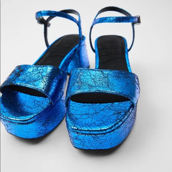Zara blue metallic platform heeled sandals