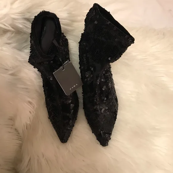 Zara Botin black sequin embelished sock ankle boot
