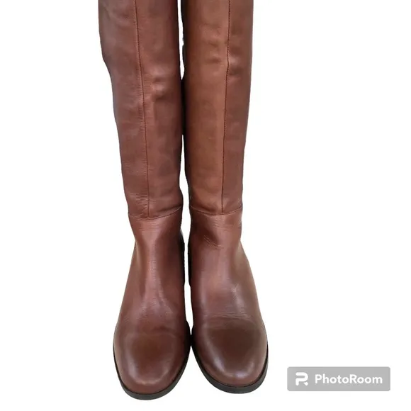 Zara Collection Brown Leather Over The Knee Block Heel Boots Women’s 39