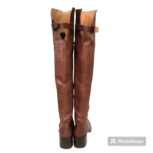 Zara Collection Brown Leather Over The Knee Block Heel Boots Women’s 39