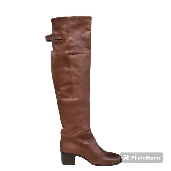 Zara Collection Brown Leather Over The Knee Block Heel Boots Women’s 39