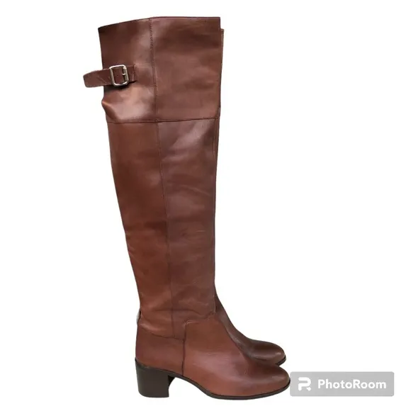 Zara Collection Brown Leather Over The Knee Block Heel Boots Women’s 39