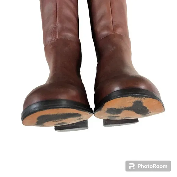 Zara Collection Brown Leather Over The Knee Block Heel Boots Women’s 39