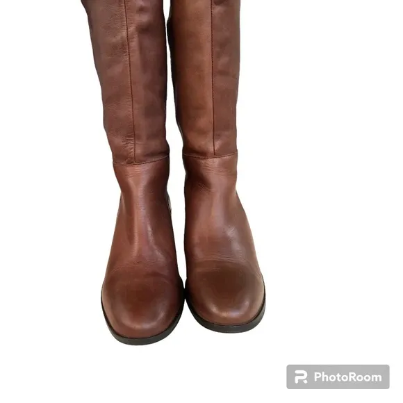 Zara Collection Brown Leather Over The Knee Block Heel Boots Women’s 39