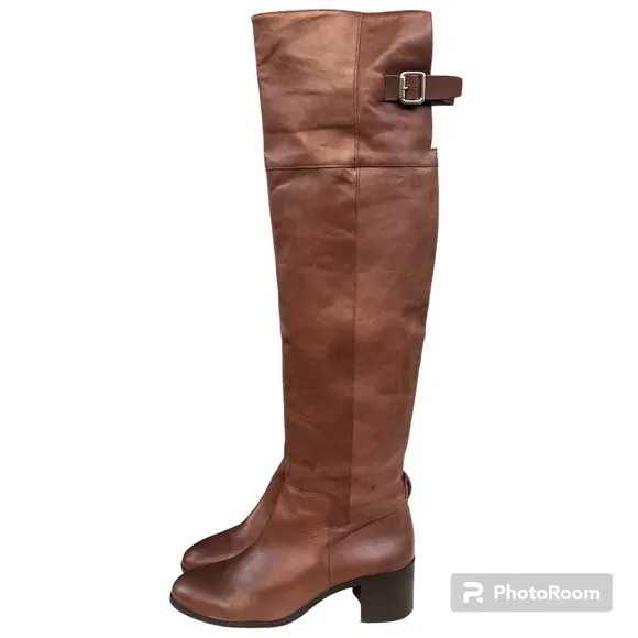 Zara Collection Brown Leather Over The Knee Block Heel Boots Women’s 39
