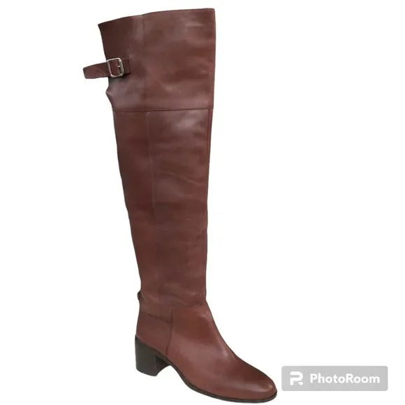 Zara Collection Brown Leather Over The Knee Block Heel Boots Women’s 39