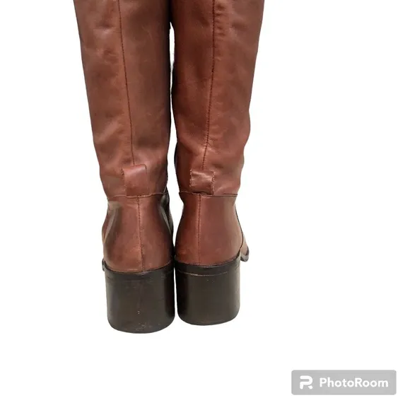 Zara Collection Brown Leather Over The Knee Block Heel Boots Women’s 39