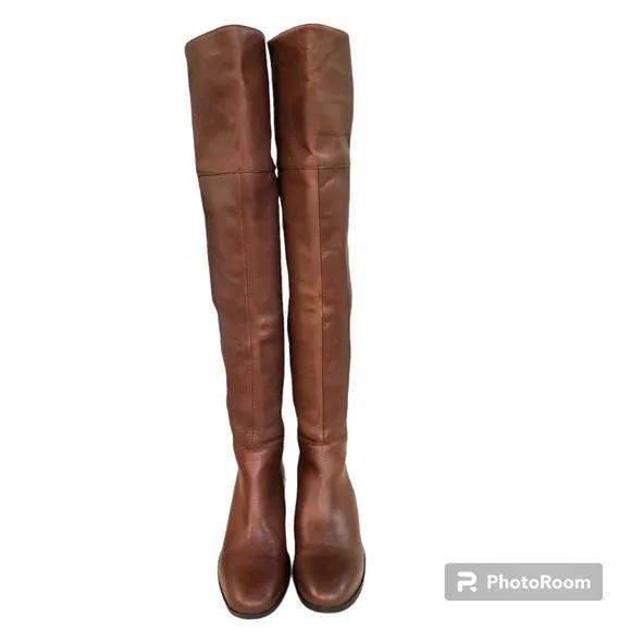 Zara Collection Brown Leather Over The Knee Block Heel Boots Women’s 39