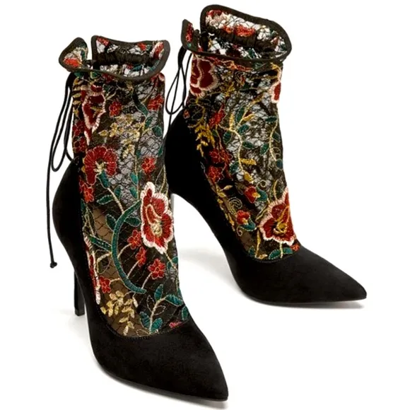 Zara Floral Embroidered Sock Style Court Pumps