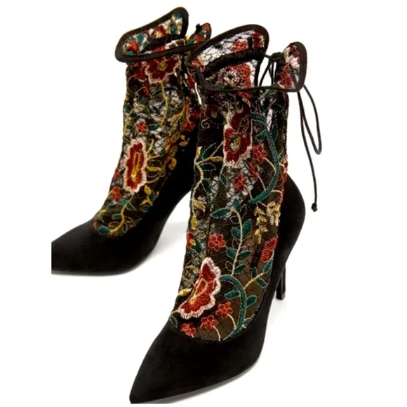 Zara Floral Embroidered Sock Style Court Pumps