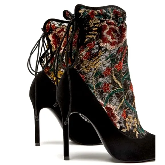 Zara Floral Embroidered Sock Style Court Pumps