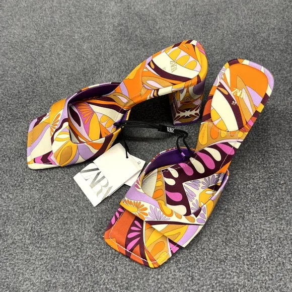 Zara High Heel Sandals Womens size 6.5 / 37 Orange Purple 80's Block Heel